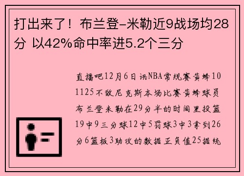 打出来了！布兰登-米勒近9战场均28分 以42%命中率进5.2个三分