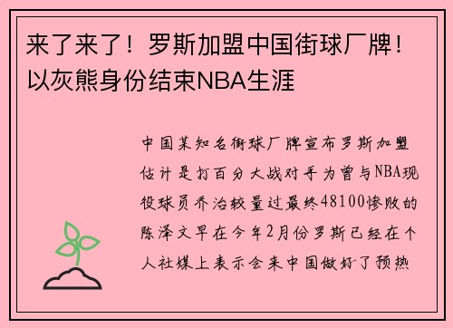 来了来了！罗斯加盟中国街球厂牌！以灰熊身份结束NBA生涯