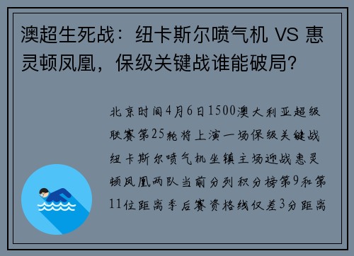 澳超生死战：纽卡斯尔喷气机 VS 惠灵顿凤凰，保级关键战谁能破局？