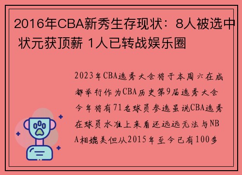 2016年CBA新秀生存现状：8人被选中 状元获顶薪 1人已转战娱乐圈