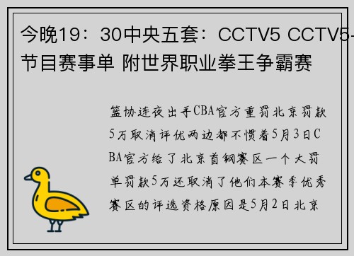 今晚19：30中央五套：CCTV5 CCTV5+节目赛事单 附世界职业拳王争霸赛